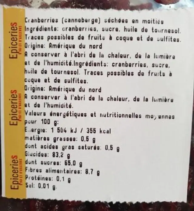 Cranberries séchées nutrition facts table