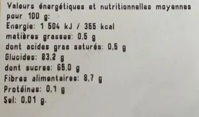Cramberries séchées en moitiés nutrition facts table