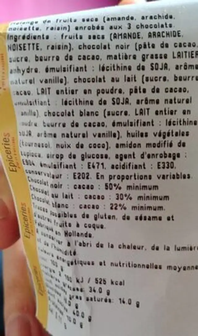 Choco mix ingredients label