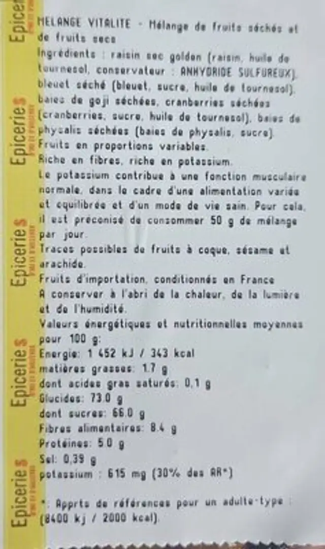 Mélange vitalité nutrition facts table