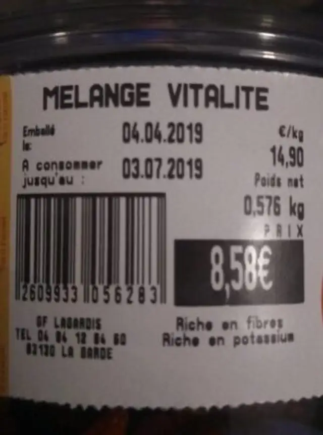 Mélange Vitalité ingredients label