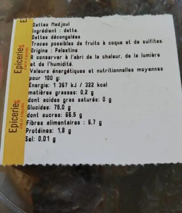 Datte Medjoul ingredients label