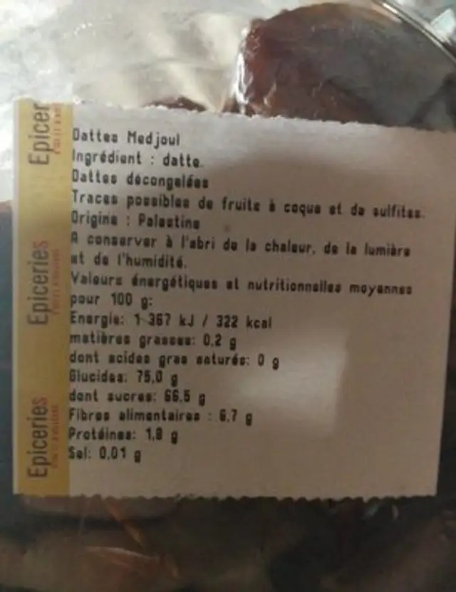 Dattes medjoul ingredients label