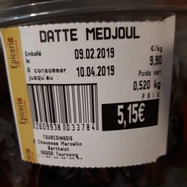 Dattes Medjoul ingredients label