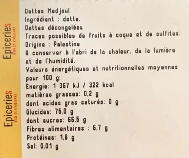Datte Medjoul nutrition facts table