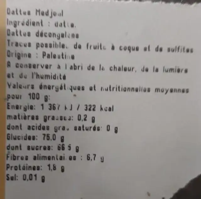 Datte Medjoul nutrition facts table