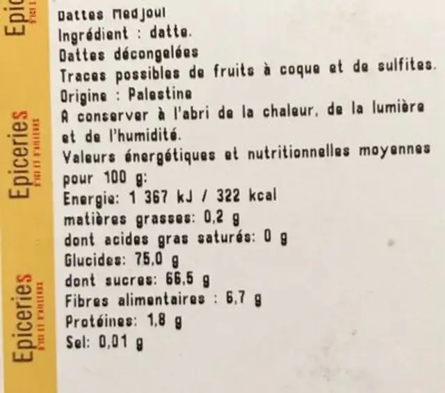 Dattes medjoul ingredients label