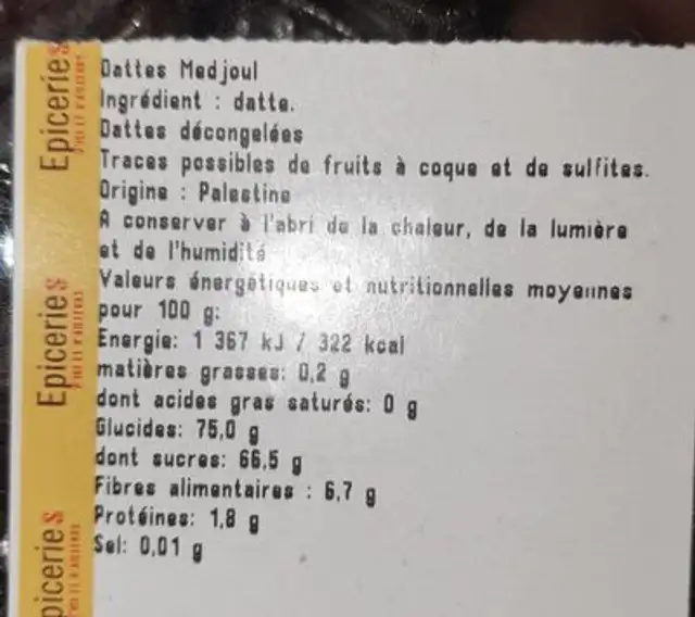 Dattes ingredients label