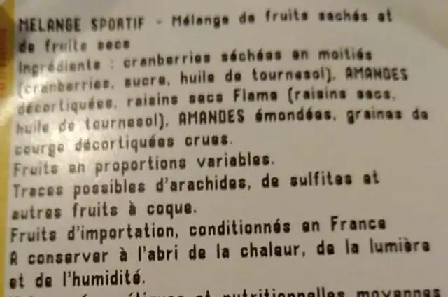 Mélange sportif ingredients label