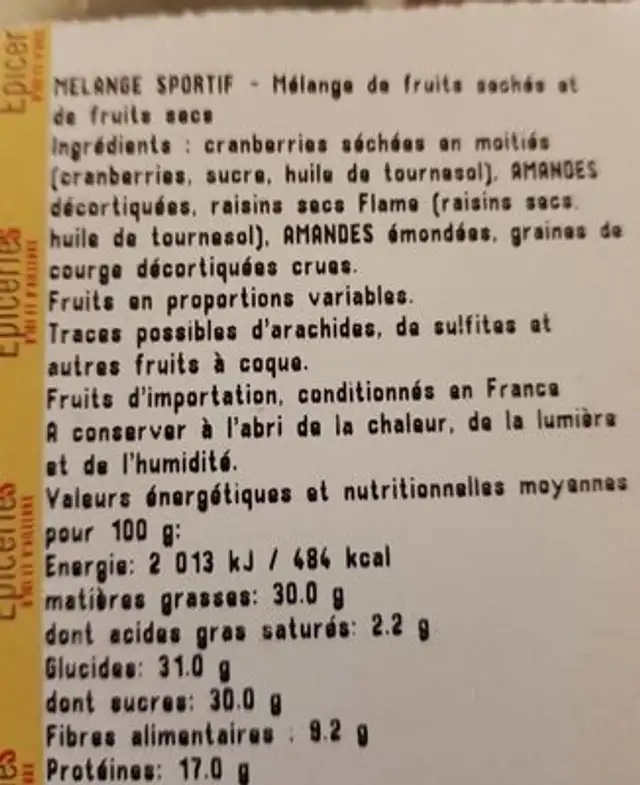 Mélange sportif ingredients label
