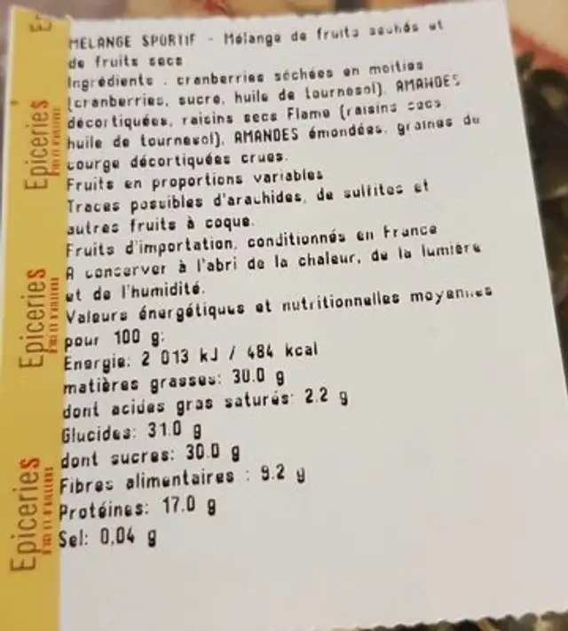 Mélange sportif ingredients label