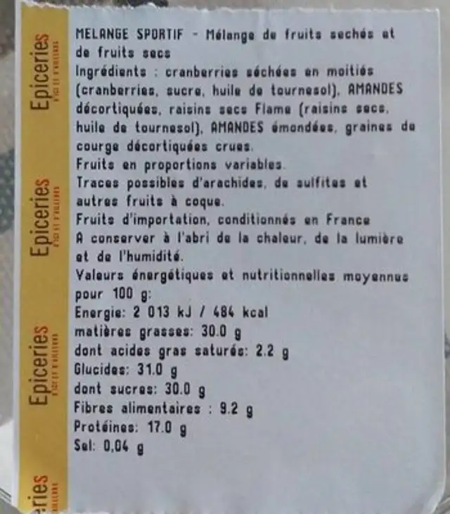 Melange sportif ingredients label