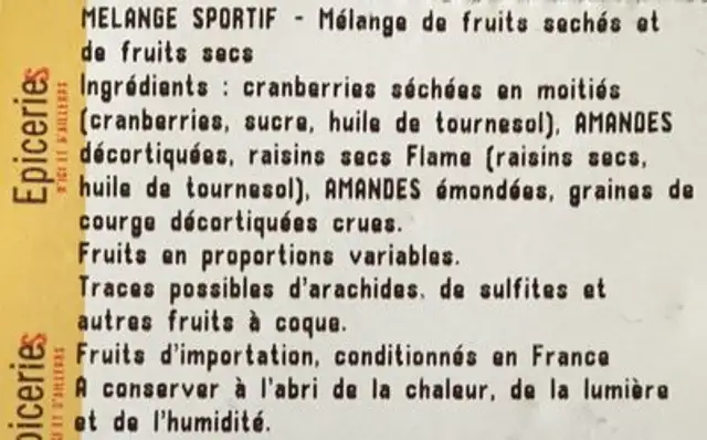 Melange sportif ingredients label