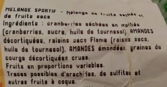 Mélange sportif ingredients label