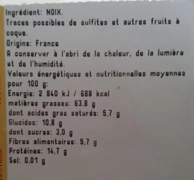 Cerneaux de noix nutrition facts table