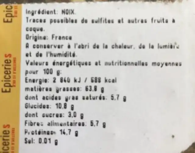 Cerneaux de noix ingredients label