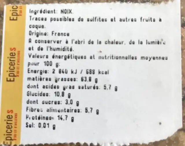 Cerneaux de noix nutrition facts table