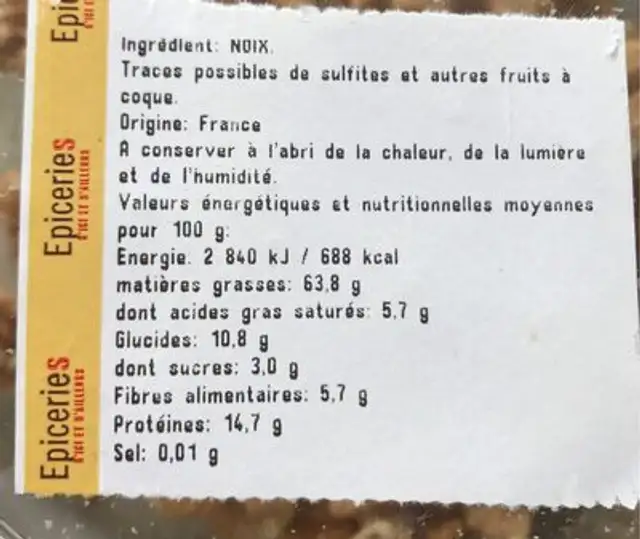 Cerneaux de noix ingredients label