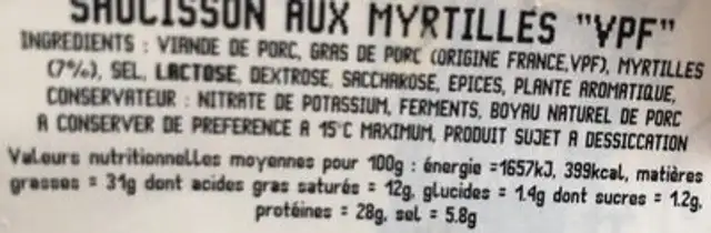 Saucisson aux myrtilles "VPF" ingredients label