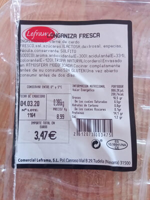 longaniza fresca de cerdo front packaging