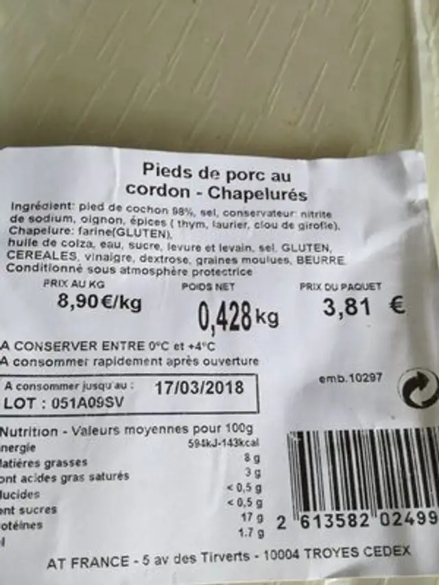 Pied de porc pané ingredients label