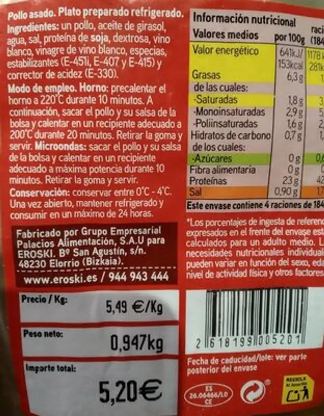 Pollo asado nutrition facts table