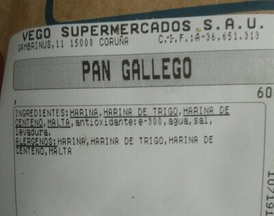 Pan gallego nutrition facts table