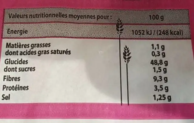 Pain pavé nutrition facts table