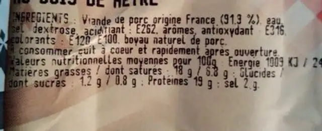 Saucisse fumée bois de hêtre ingredients label