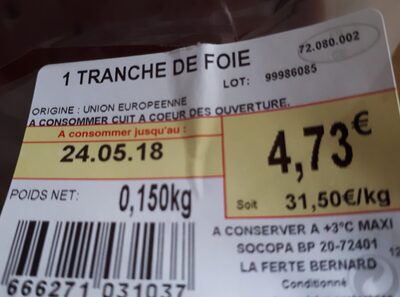 1 tranche de foie de veau ingredients label