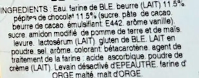 Suisse longue aux petits de chocolat ingredients label