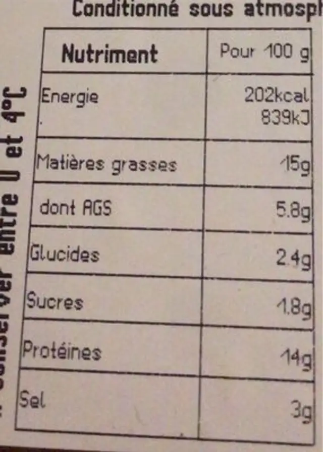 Véritable merguez nutrition facts table