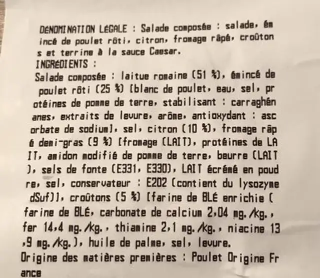 Salade cesar au poulet ingredients label