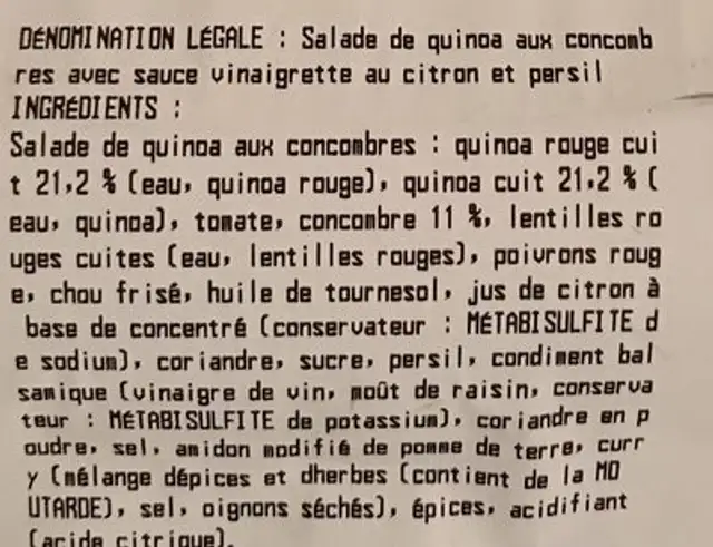 Salade quinoa ingredients label