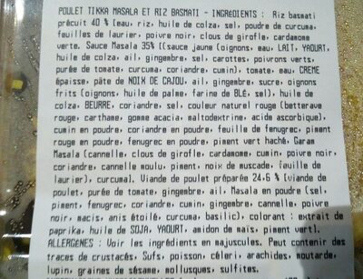 Tikka massala au poulet et riz ingredients label