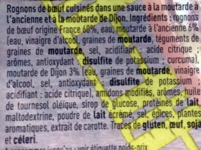 Rognons de boeuf ingredients label