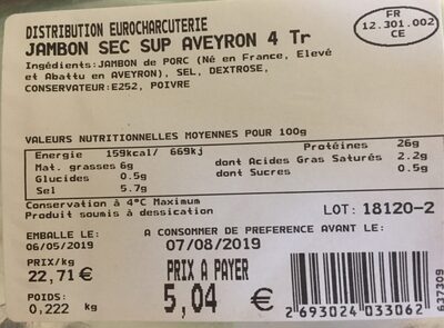 Jambon sec sup aveyron nutrition facts table
