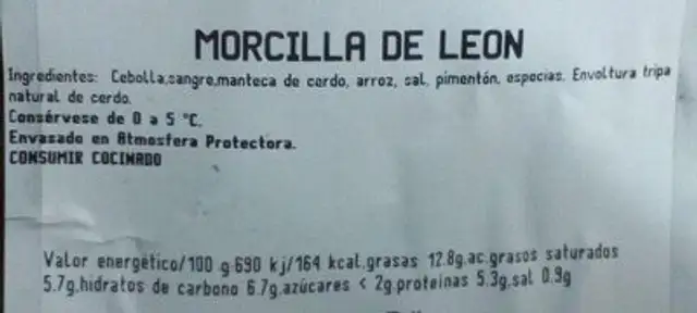 Morcilla de leon nutrition facts table