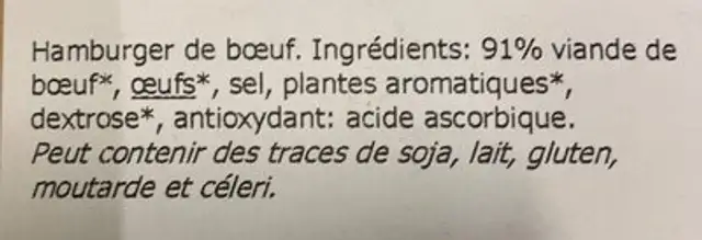 Bio hamburger de boeuf ingredients label