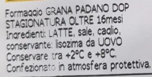 Grana padano dop 16 mesi Iper ingredients label