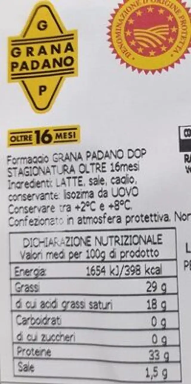 Grana padano dop 16 mesi Iper nutrition facts table