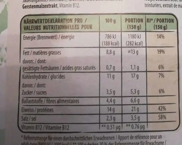 Plant-based gehacktes hachée nutrition facts table
