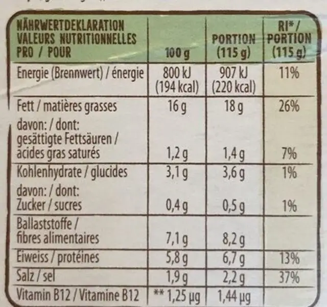 Plant-Based-Bratwurst-Alternative nutrition facts table