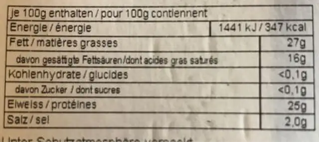 Raclette nutrition facts table