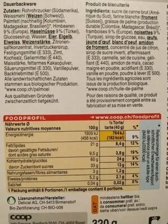 Tarte de Linz nutrition facts table
