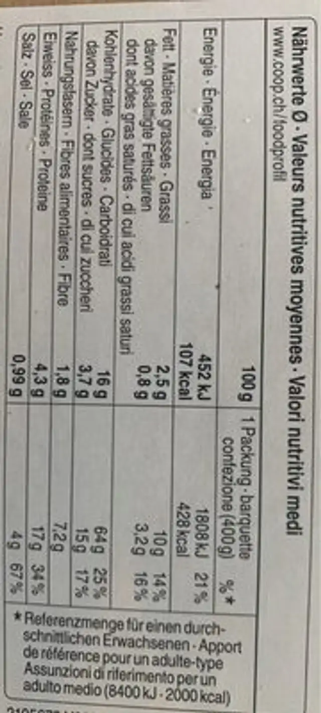 Spaghetti au legume nutrition facts table