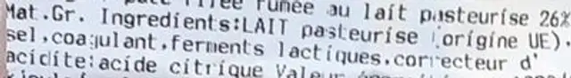 Scamorza fumée filée ingredients label