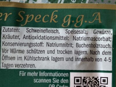 Südtiroler Speck g.g.A ingredients label