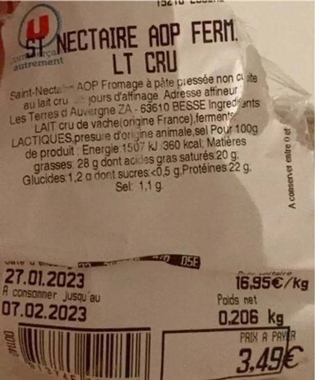 Saint nectaire fermier nutrition facts table