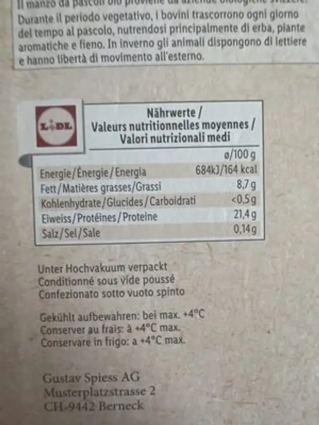 Bio Entrecôte nutrition facts table